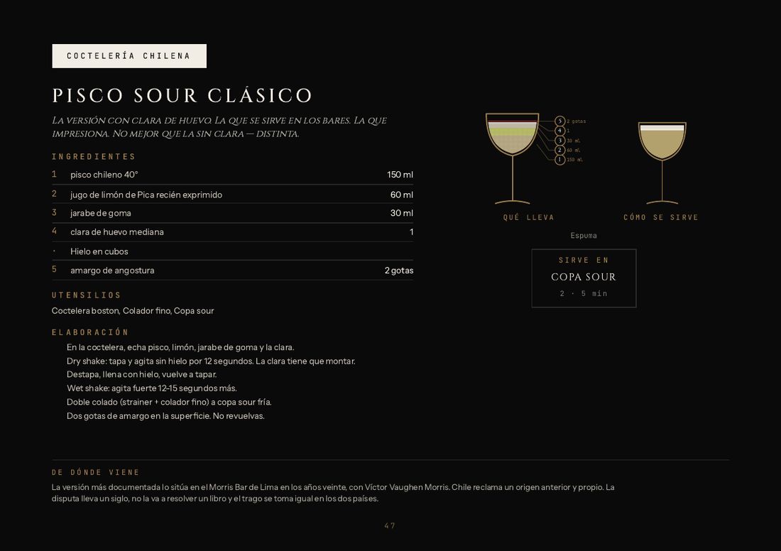 Ficha del pisco sour clásico en el manual, con el despiece numerado y el trago servido